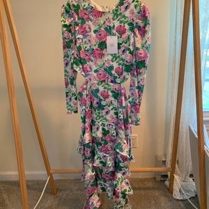 WAYF Floral Print Cutout Waist Long-Sleeve Tiered Dress